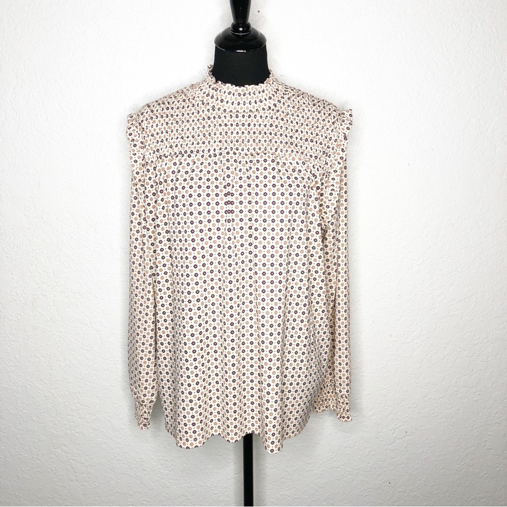 Ann Taylor cream brown orange geometric ruffle smocked top size Extra Large XL